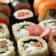 Concept of tasty food with sushi, close up